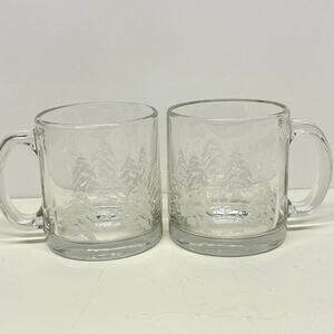 Vintage Dansk Clear Glass White Pine Tree Mugs Set of 2